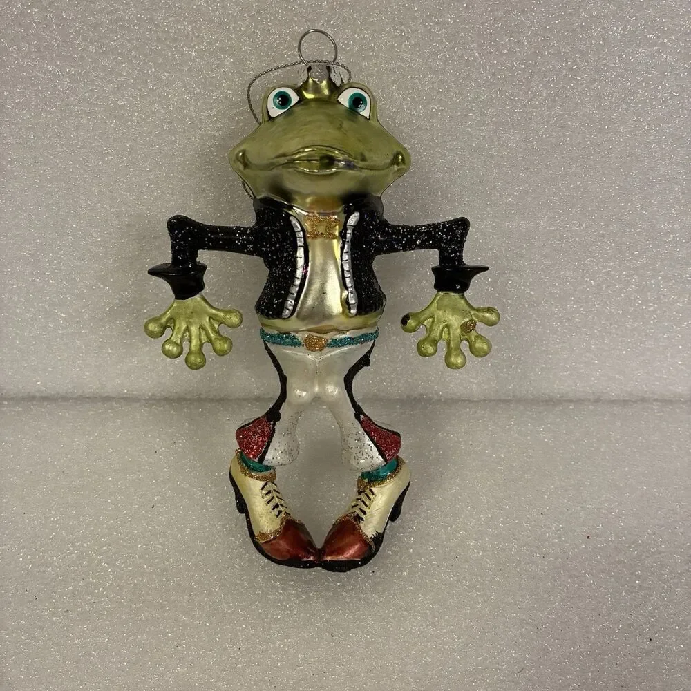 Glass Frog Dancer Christmas Ornament Dressed In Black Jacket, Pants, Shoes 6”